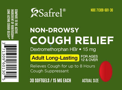 Safrel Dextromethorphan HBr 15mg softgels packaging displaying drug facts and warnings