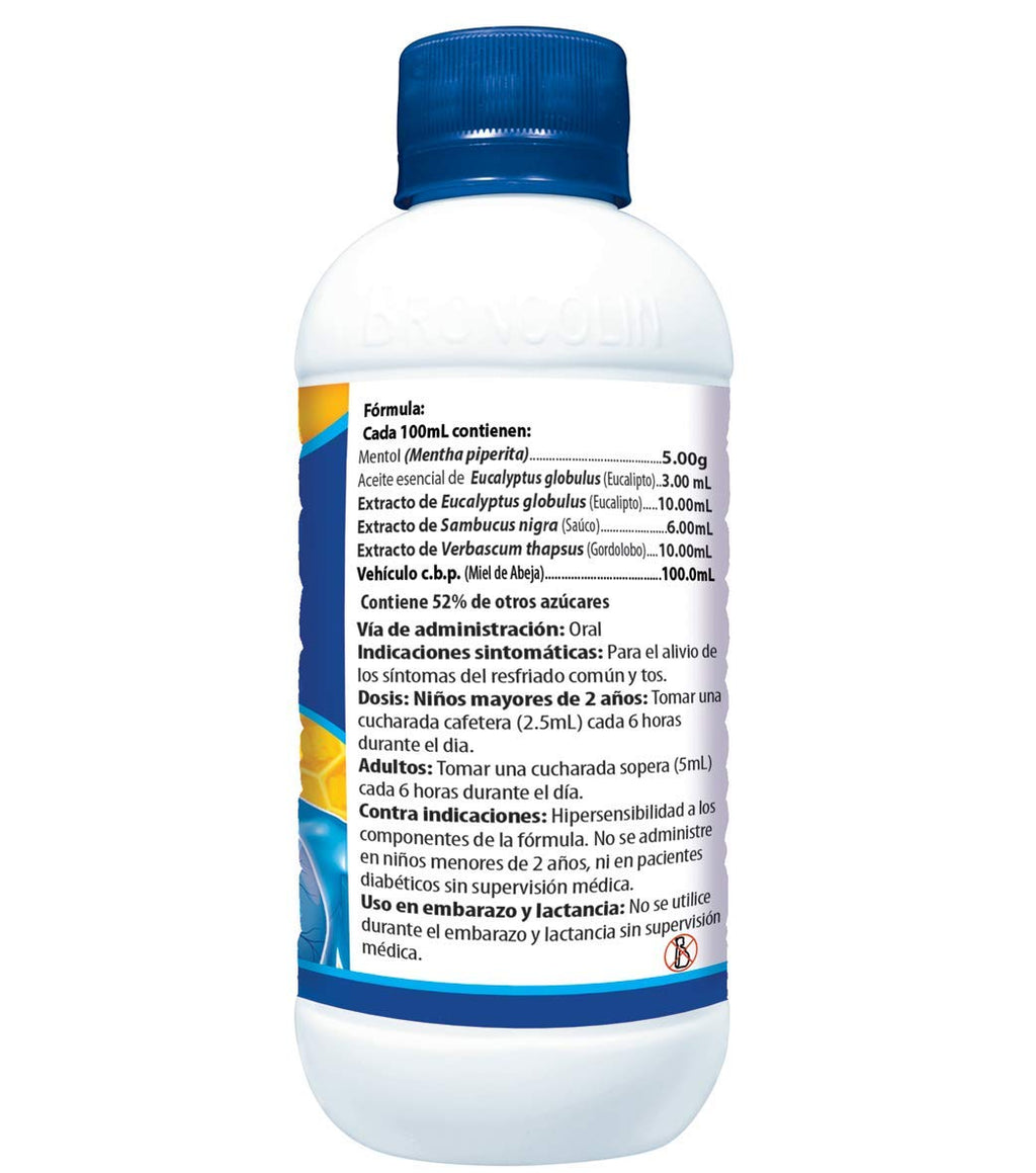 Broncolin herbal honey dietary supplement liquid bottle packaging showing ingredients and dosage details