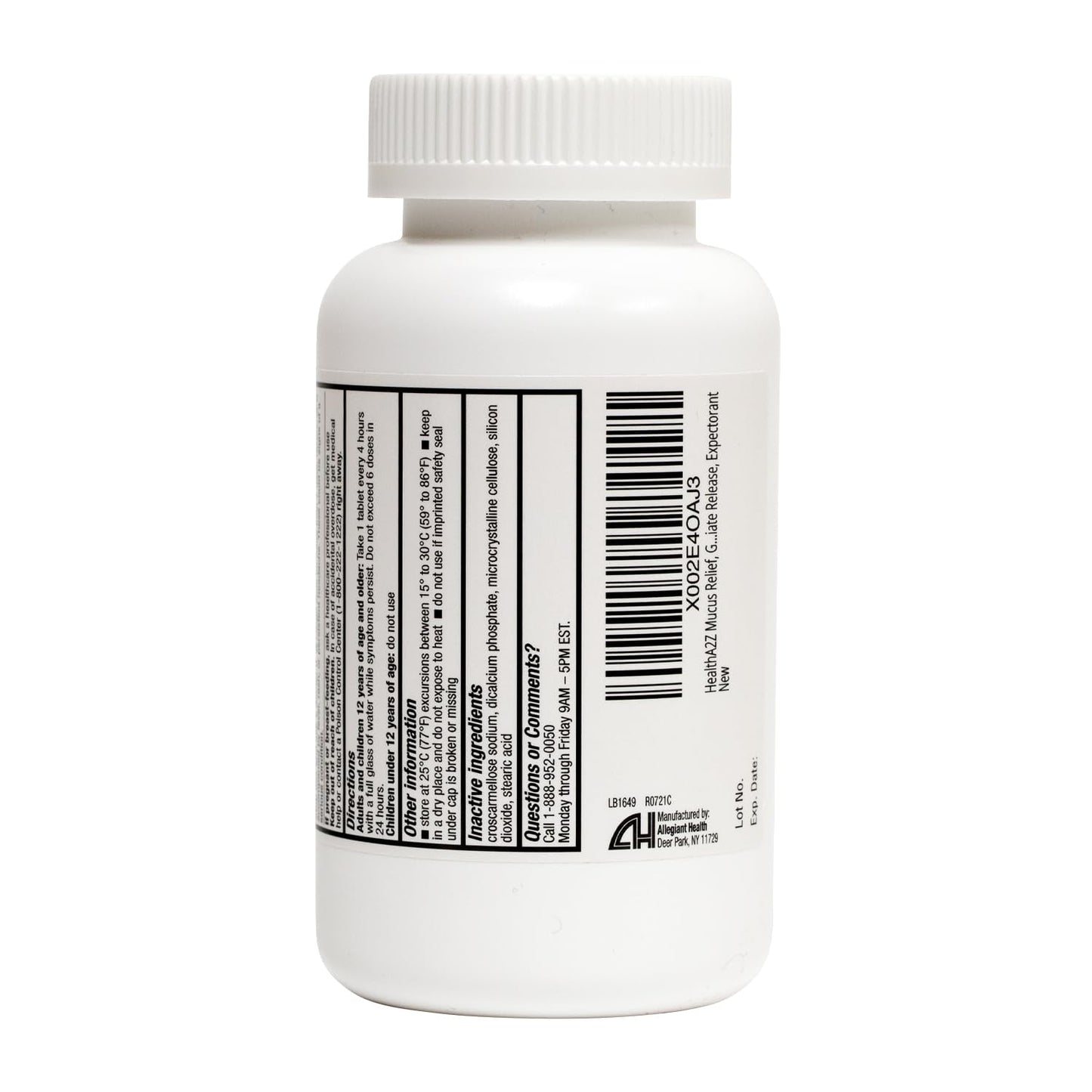 Side view of HealthA2Z immediate release expectorant showing benzene free formulation details