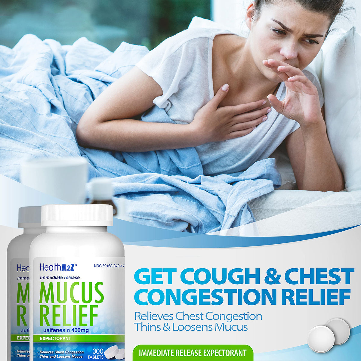 HealthA2Z Mucus Relief packaging highlighting the three hundred tablet count value size