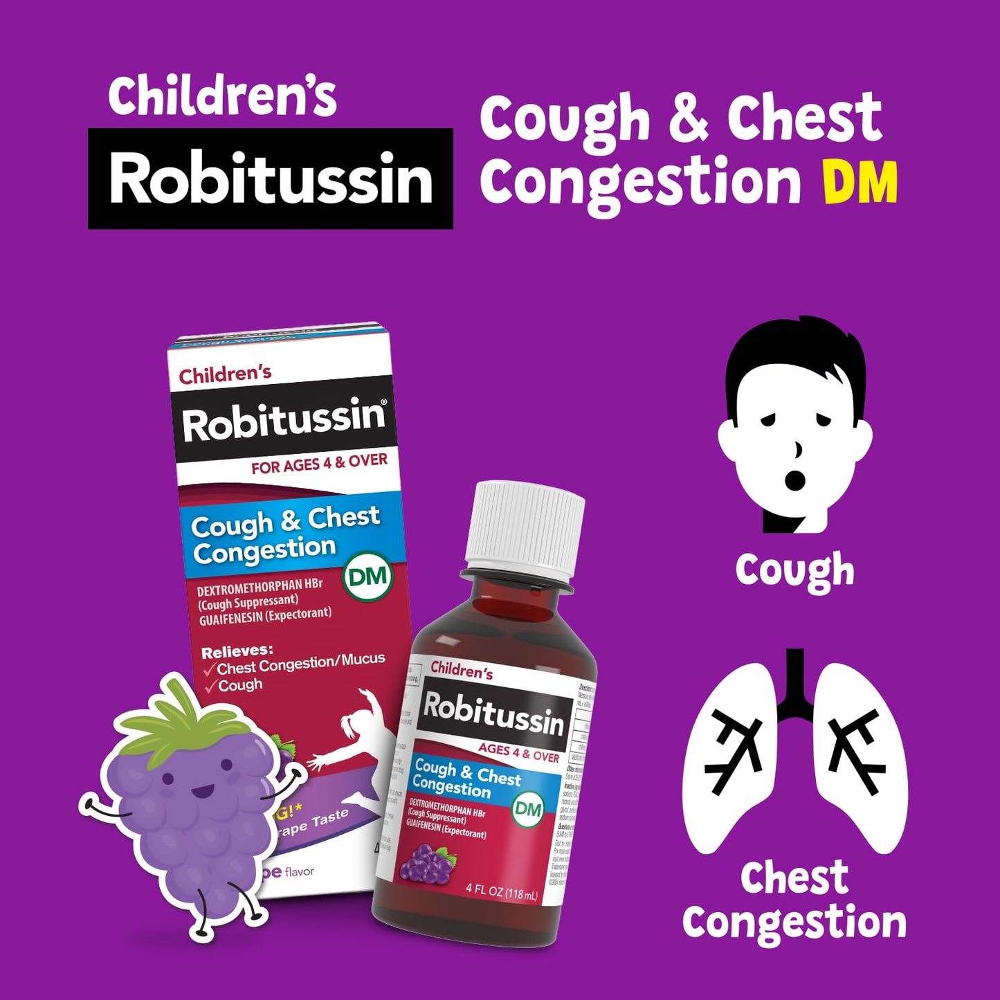 Children's Robitussin DM grape cough syrup bottle showing active ingredients and drug facts label