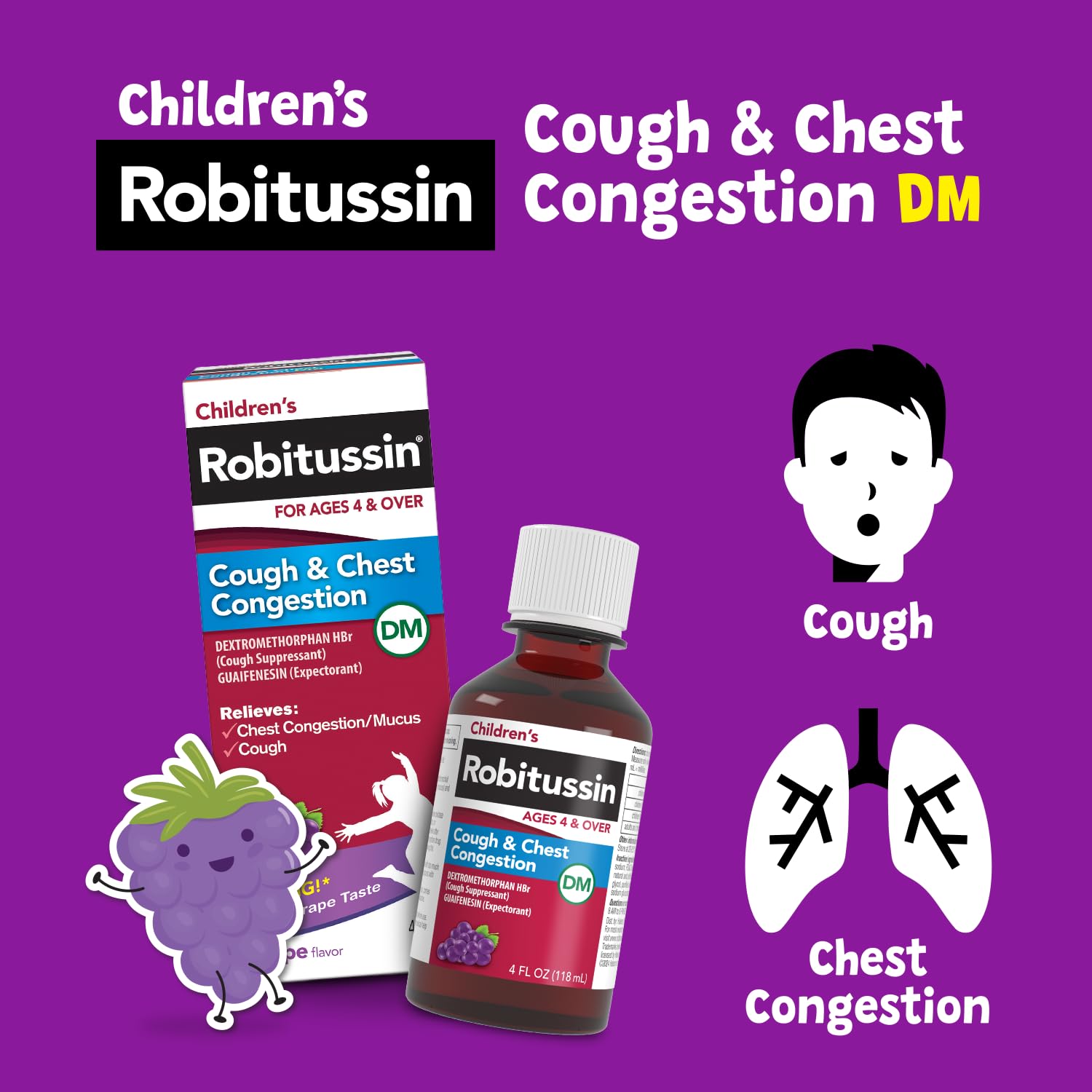 Children's Robitussin DM grape cough syrup bottle showing active ingredients and drug facts label