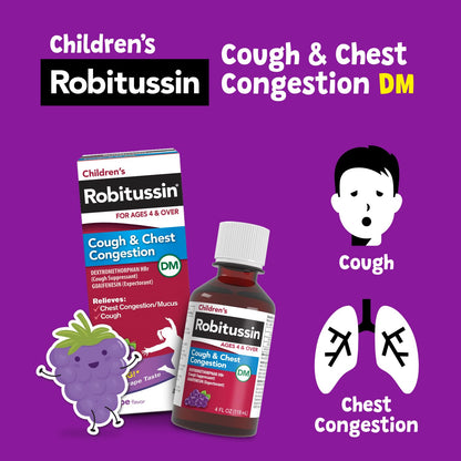 Children's Robitussin DM grape cough syrup bottle showing active ingredients and drug facts label