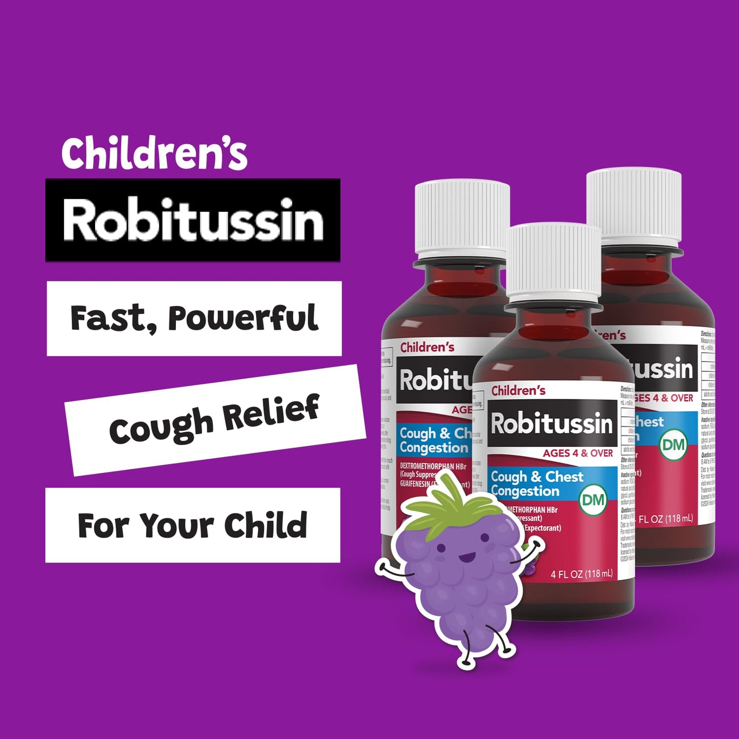 Robitussin kids cough and chest congestion relief liquid showing the authentic four fluid ounce imported bottle
