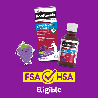Robitussin children's grape flavored cold and cough relief syrup packaging side view with instructions