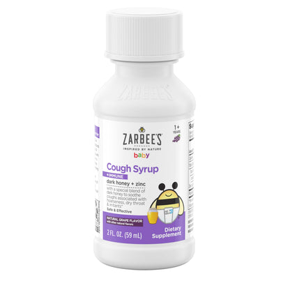 Zarbee's toddler natural grape flavor cough liquid packaging showing age range requirements