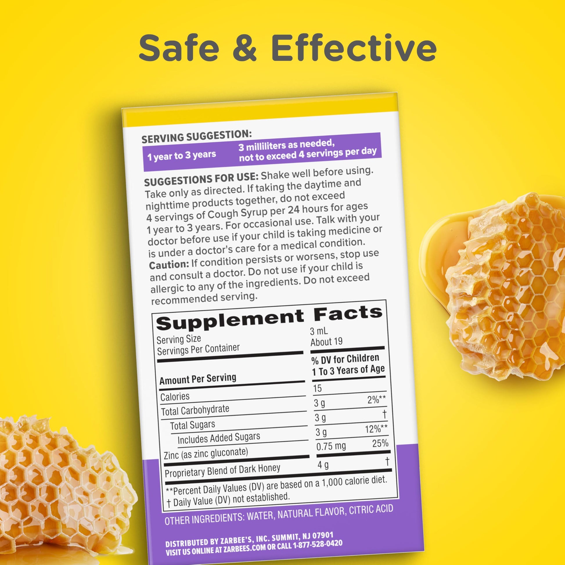 Zarbee's child wellness liquid showing the drug-free and alcohol-free icons on packaging