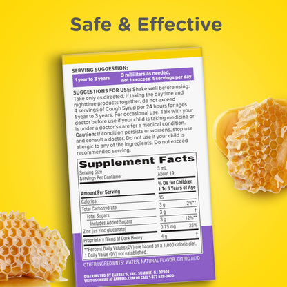 Zarbee's child wellness liquid showing the drug-free and alcohol-free icons on packaging