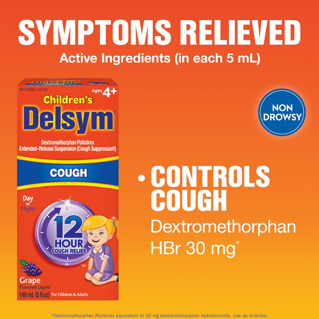 Delsym kids 12 hour cough medicine 5 ounce bottle with precise dosing cup attached
