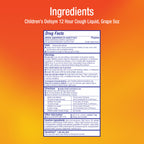Back label of Delsym children's grape flavor cough syrup listing drug facts and usage instructions
