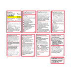 Adult liquid cold and fever relief medication bottle showing active ingredients and adult dosage instructions