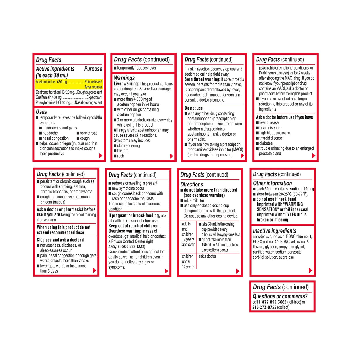 Adult liquid cold and fever relief medication bottle showing active ingredients and adult dosage instructions