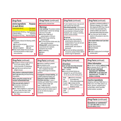 Adult liquid cold and fever relief medication bottle showing active ingredients and adult dosage instructions