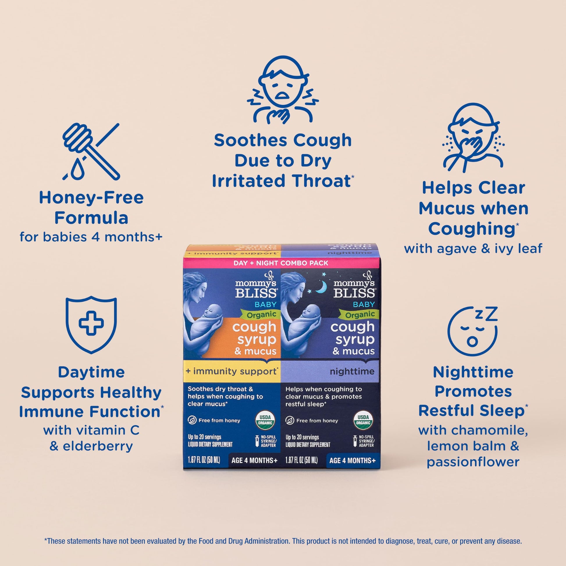 Mommy's Bliss infant day and night cough syrup bottles with no-spill syringe detailing clean ingredients.