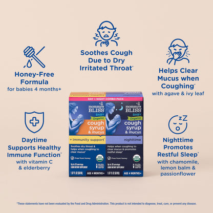 Mommy's Bliss infant day and night cough syrup bottles with no-spill syringe detailing clean ingredients.