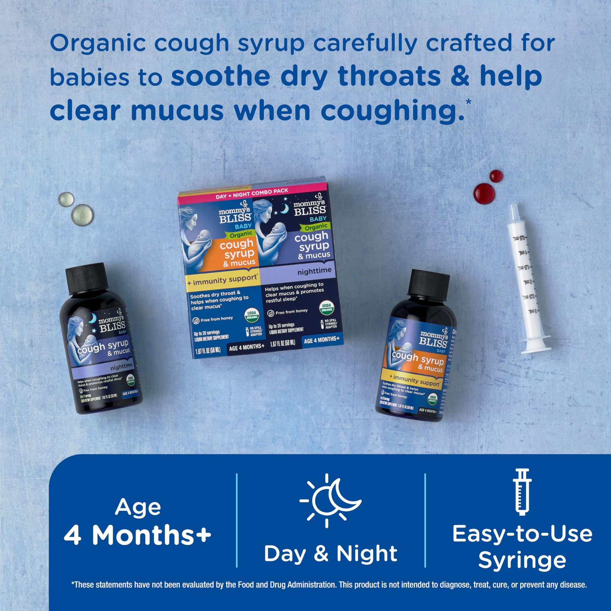 Back label of Mommy's Bliss organic baby mucus remedy showing safe dosage instructions for infants.