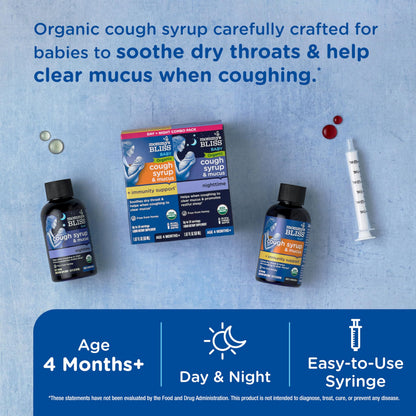 Back label of Mommy's Bliss organic baby mucus remedy showing safe dosage instructions for infants.