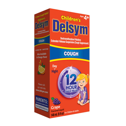 Close up of Delsym child cough medicine active ingredient description showing dextromethorphan polistirex