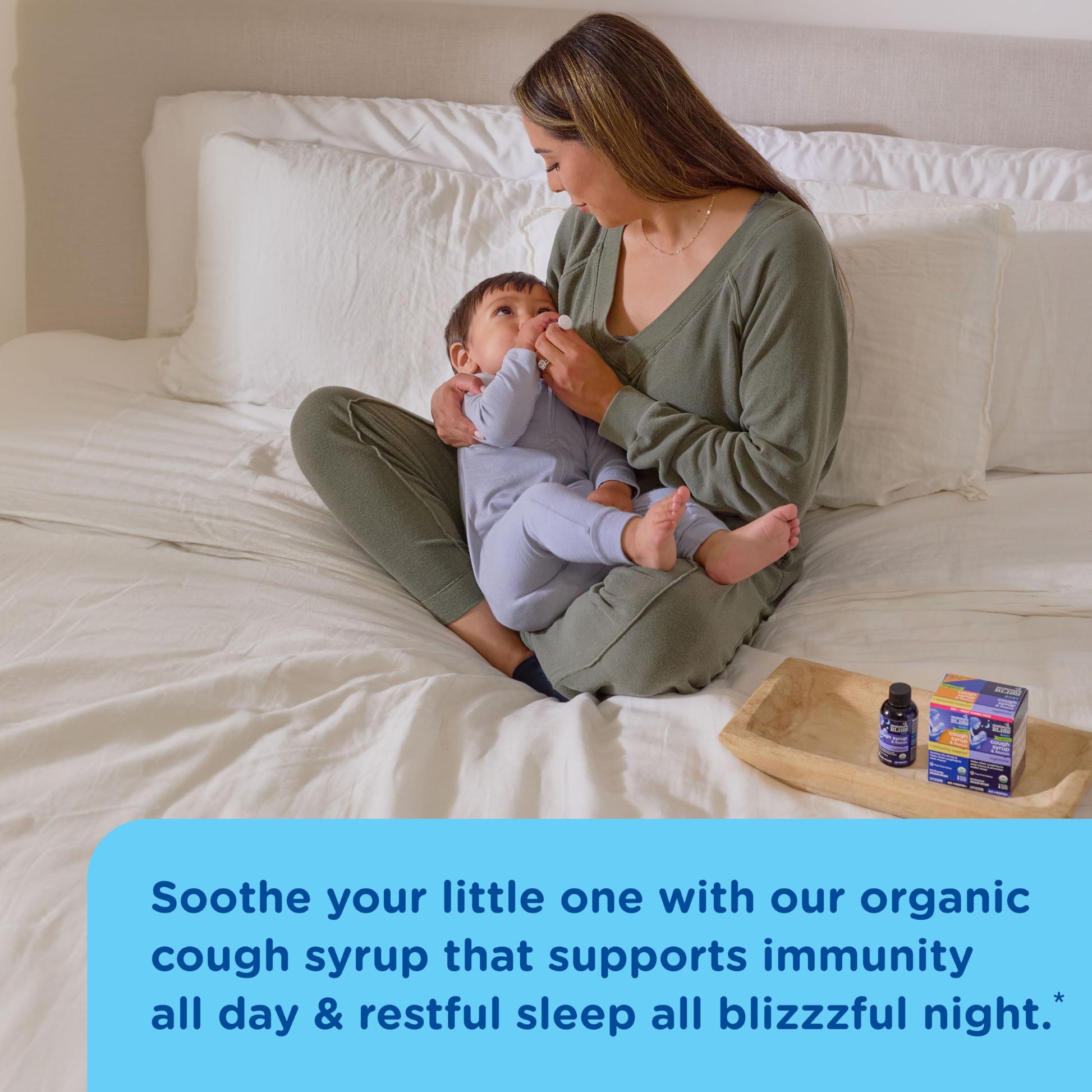Side view of Mommy's Bliss dual pack containing daytime immunity support and nighttime chamomile sleep syrup.