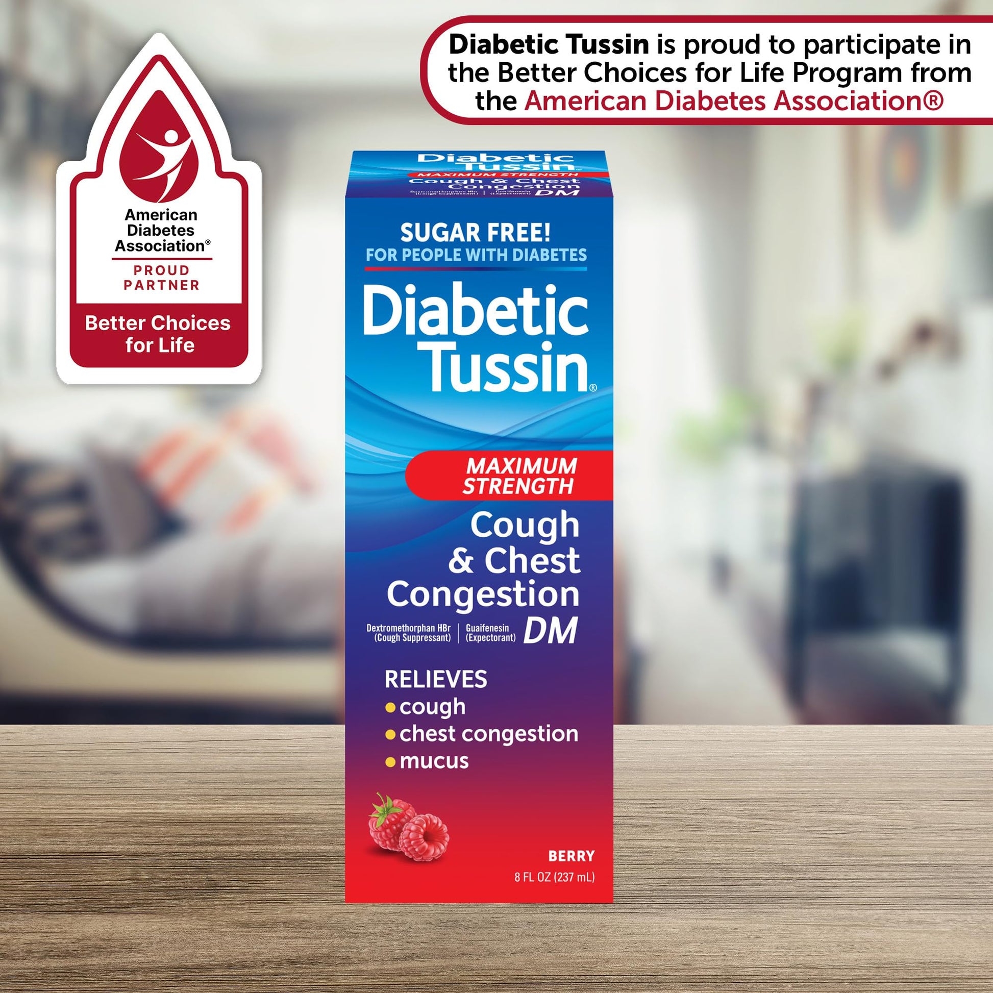 Diabetic Tussin berry flavor cough syrup back label showing active drug ingredients