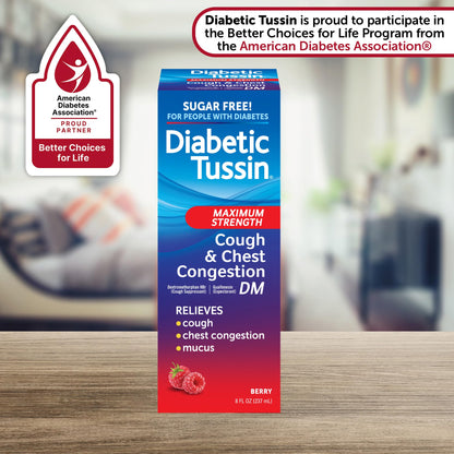 Diabetic Tussin berry flavor cough syrup back label showing active drug ingredients