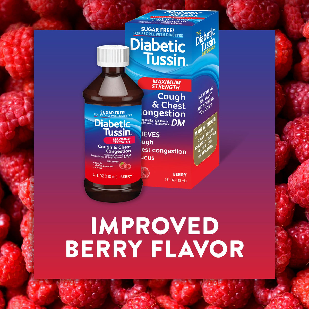 Diabetic Tussin eight fluid ounce packaging with clear dosage instructions