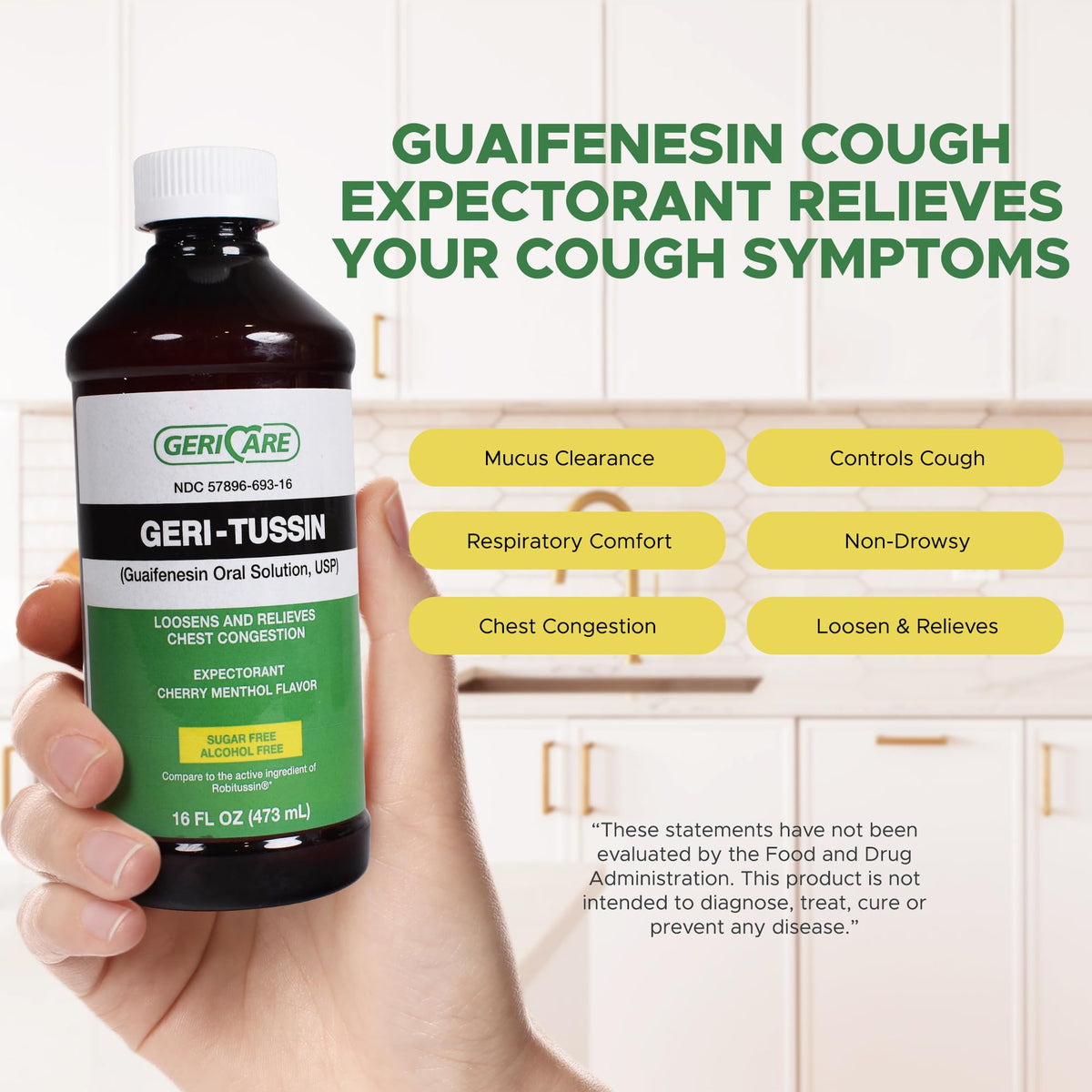 Sixteen ounce bottle of GeriCare Geri-Tussin expectorant liquid for thinning mucus