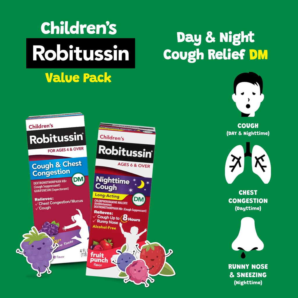 Children's Robitussin liquid cough medicine daytime grape flavor bottle packaging