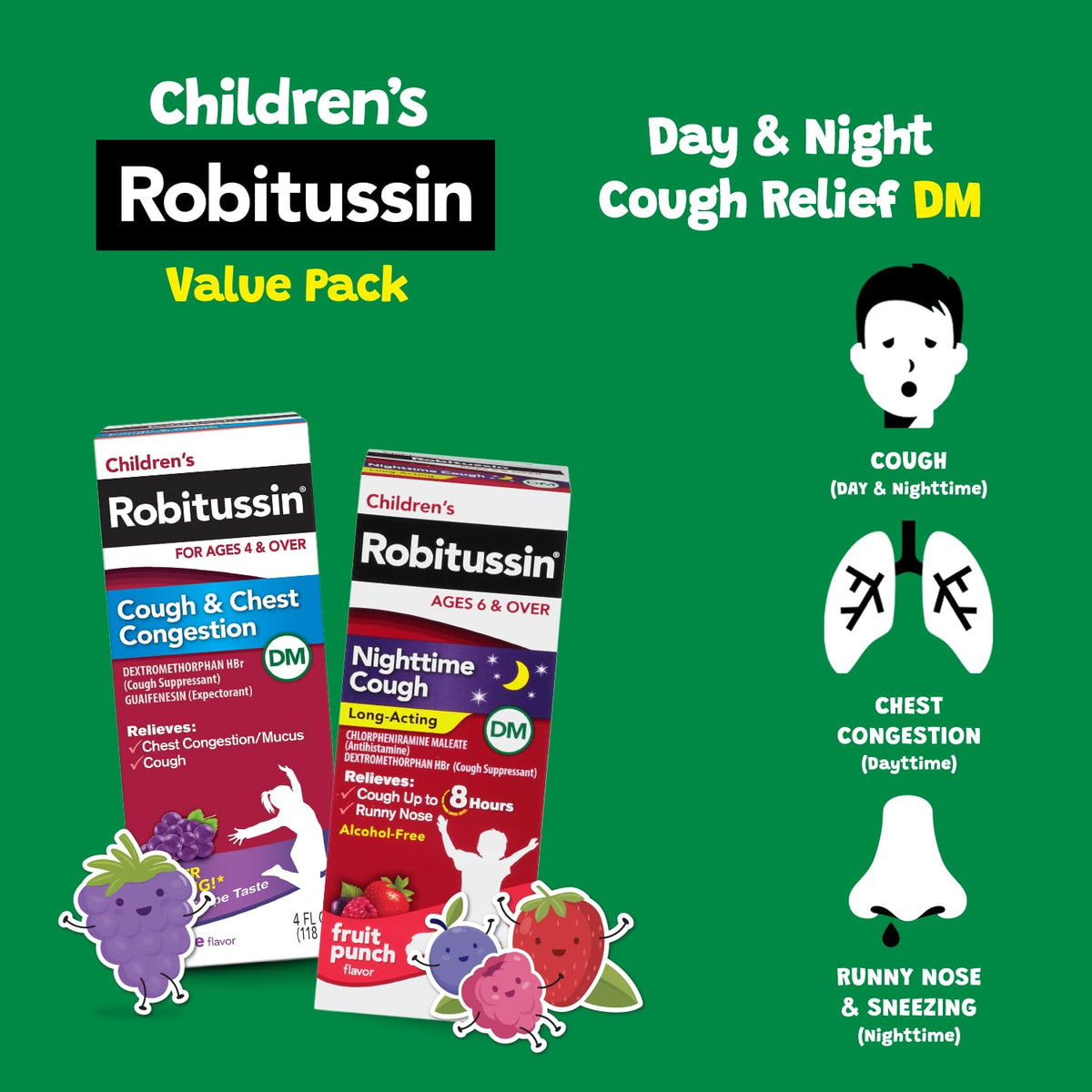 Children's Robitussin liquid cough medicine daytime grape flavor bottle packaging