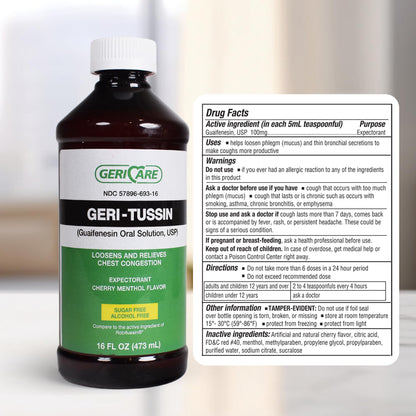 GeriCare Geri-Tussin Guaifenesin 100 mg per 5 mL oral solution side view