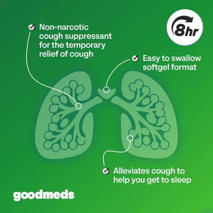 Robitussin alternative GoodMeds eight hour adult bronchial suppressant bottle standing upright against a clean backdrop.