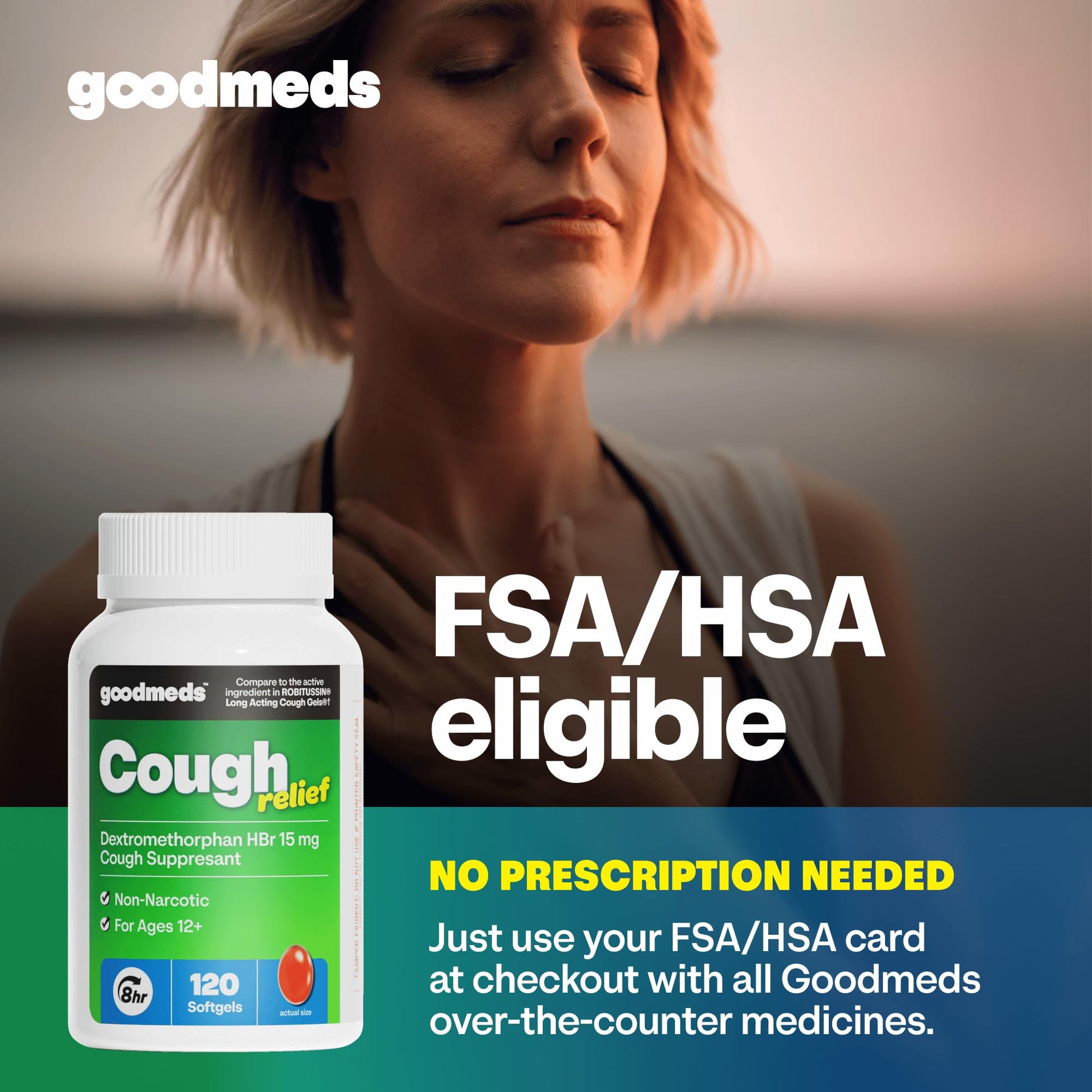 GoodMeds one hundred and twenty count cough relief softgels showing capsule size and easy swallow clear details.
