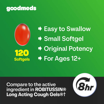 GoodMeds imported adult non-drowsy cough suppression softgels label view explaining active drug facts.