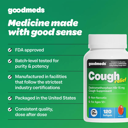 GoodMeds USA sourced maximum strength dry cough relief softgels displayed on a lifestyle health setting.