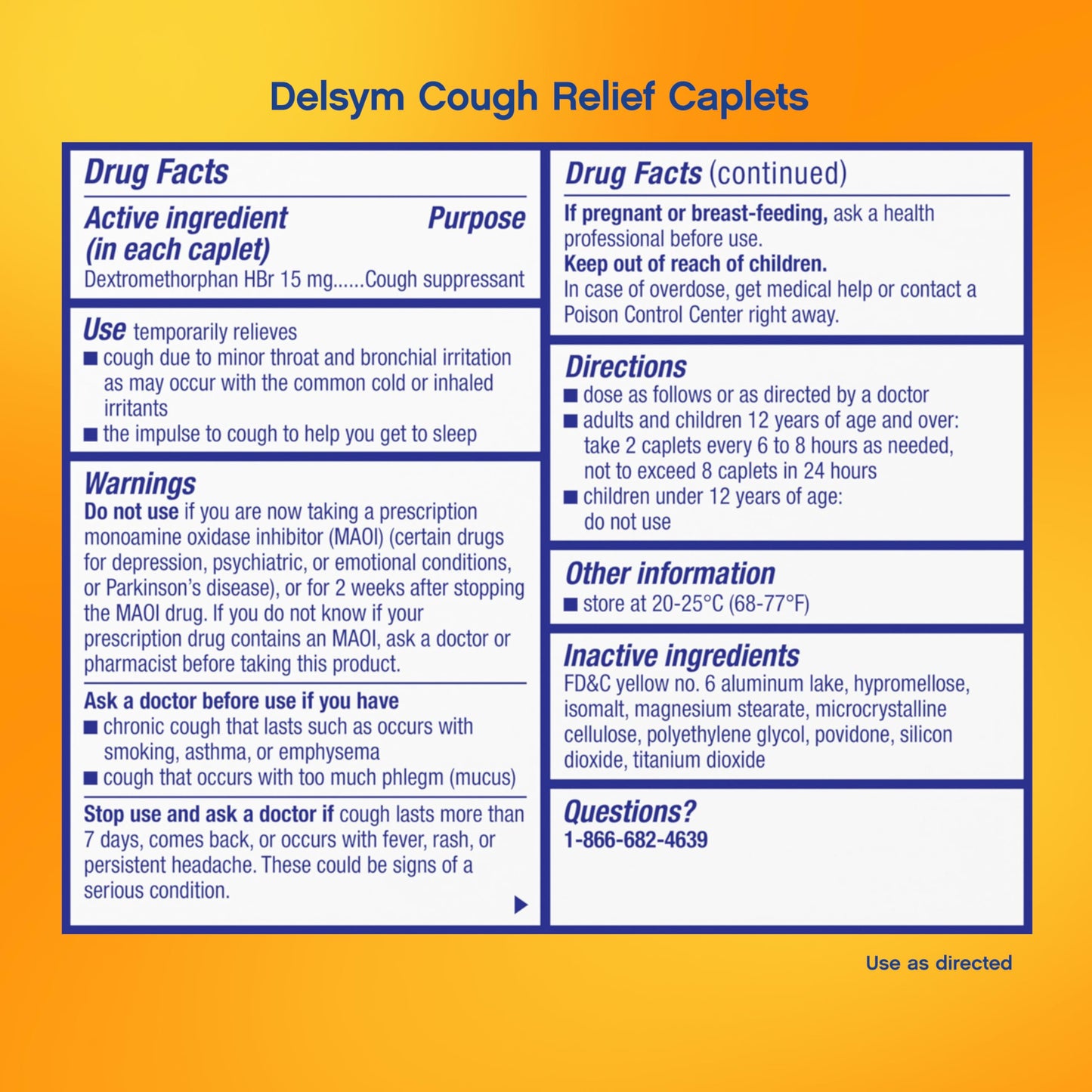 Delsym 20 count portable cough relief caplets for adults side panel