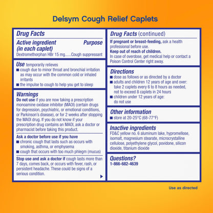 Delsym 20 count portable cough relief caplets for adults side panel