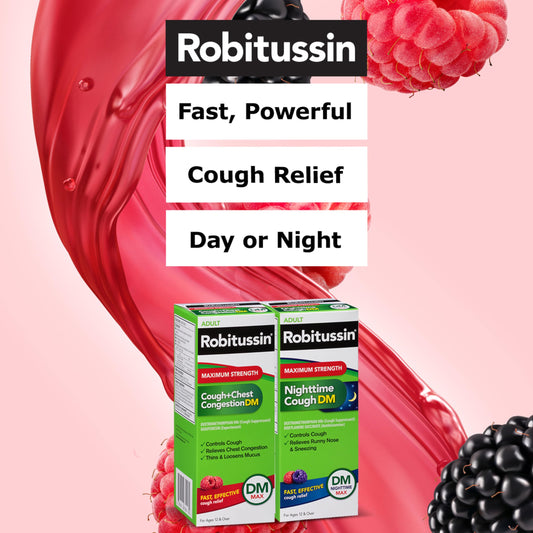 Robitussin DM Max Cough Plus Chest Congestion raspberry flavor liquid medicine bottle close up.