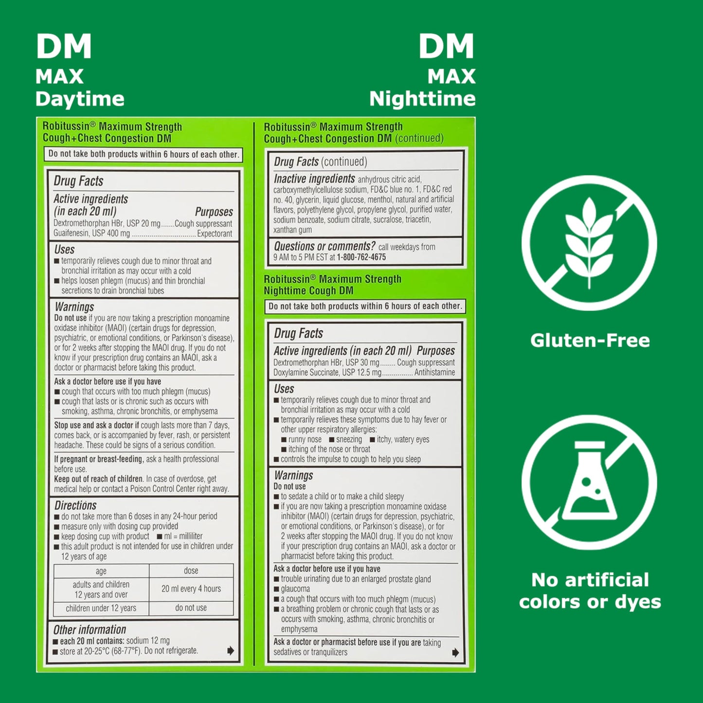 Robitussin 2 pack adult formulas showing clear separation of day expectorant and night antihistamine benefits.