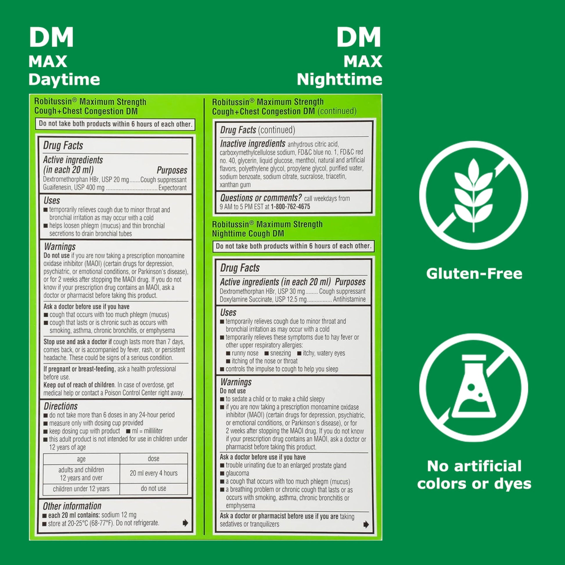Robitussin 2 pack adult formulas showing clear separation of day expectorant and night antihistamine benefits.