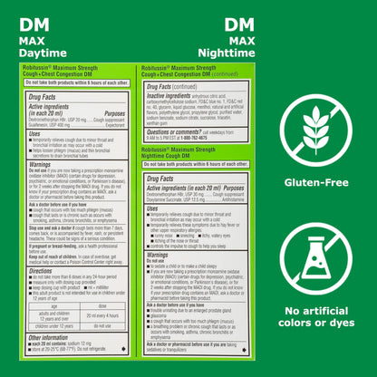 Robitussin 2 pack adult formulas showing clear separation of day expectorant and night antihistamine benefits.