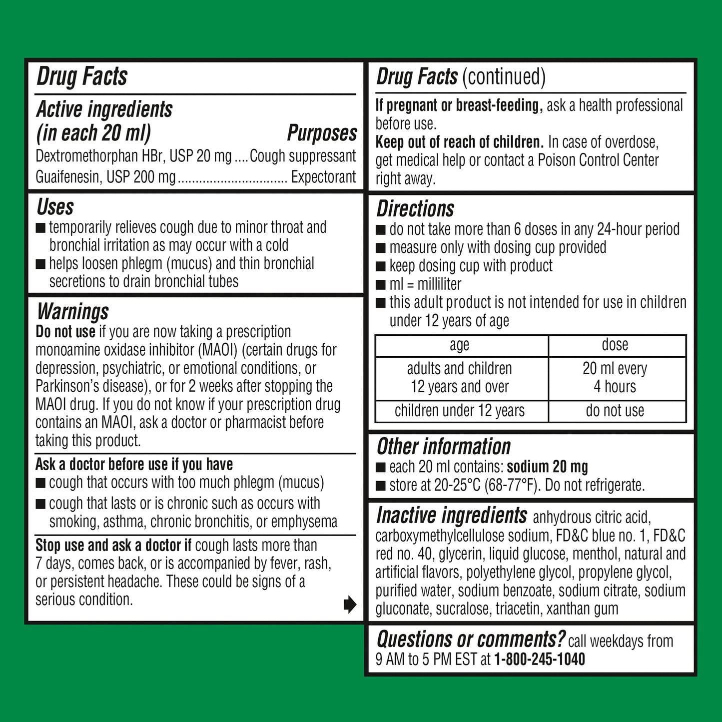 Robitussin adult cough plus chest congestion relief formula dosage instructions panel