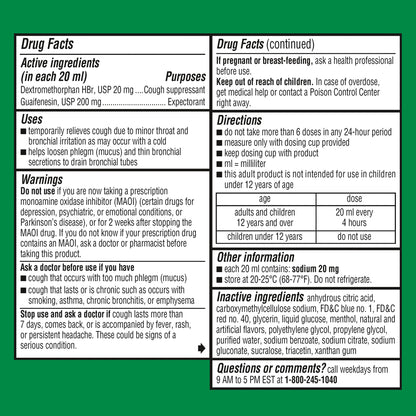 Robitussin adult cough plus chest congestion relief formula dosage instructions panel