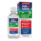 Safetussin DM non drowsy cough relief medicine showing side panel ingredients list for high blood pressure and diabetes safety