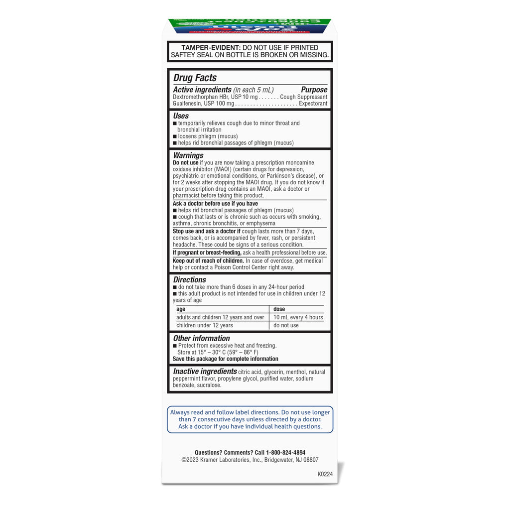 Safetussin DM sugar free expectorant mucus relief liquid bottle back label showing complete drug facts and usage instructions