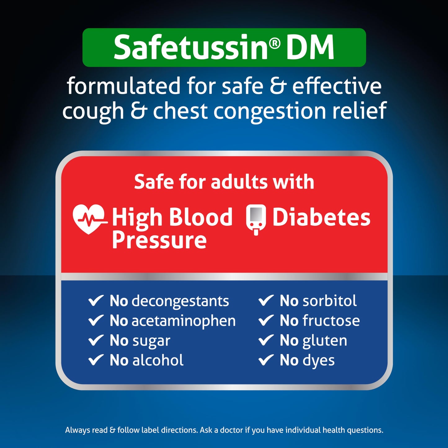 Safetussin DM pharmacist developed cough suppressant syrup eight ounces bottle packaging detail highlighting the alcohol free formulation