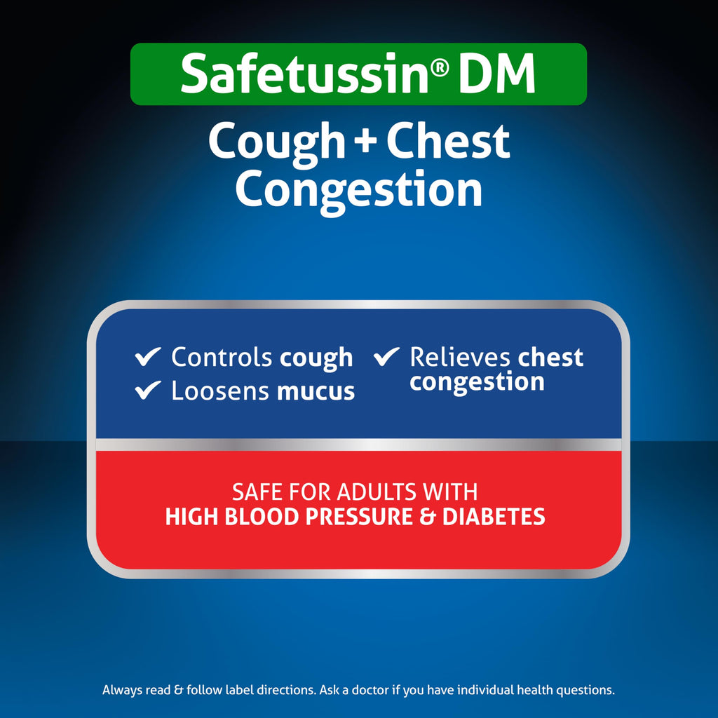 Safetussin DM Cough and Chest Congestion relief liquid formulation close up with measuring cup for precise adult dosage