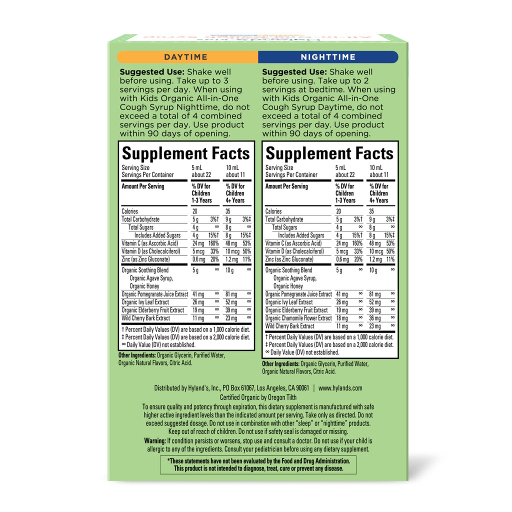 Hyland's kids organic day and night cough syrup bottles side by side