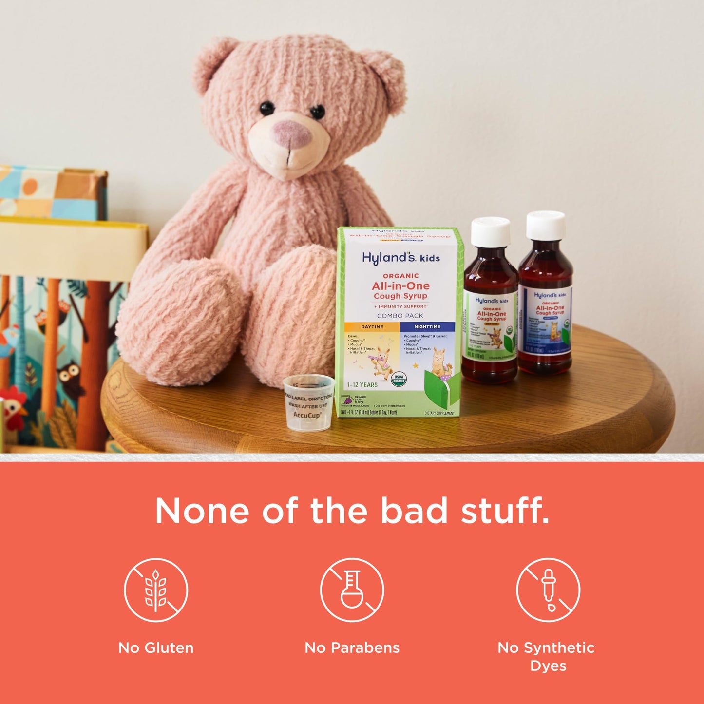 USDA Certified Organic seal on Hyland's kids cough medicine packaging