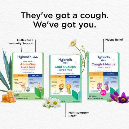 Hyland's kids organic all in one cough syrup package contents display