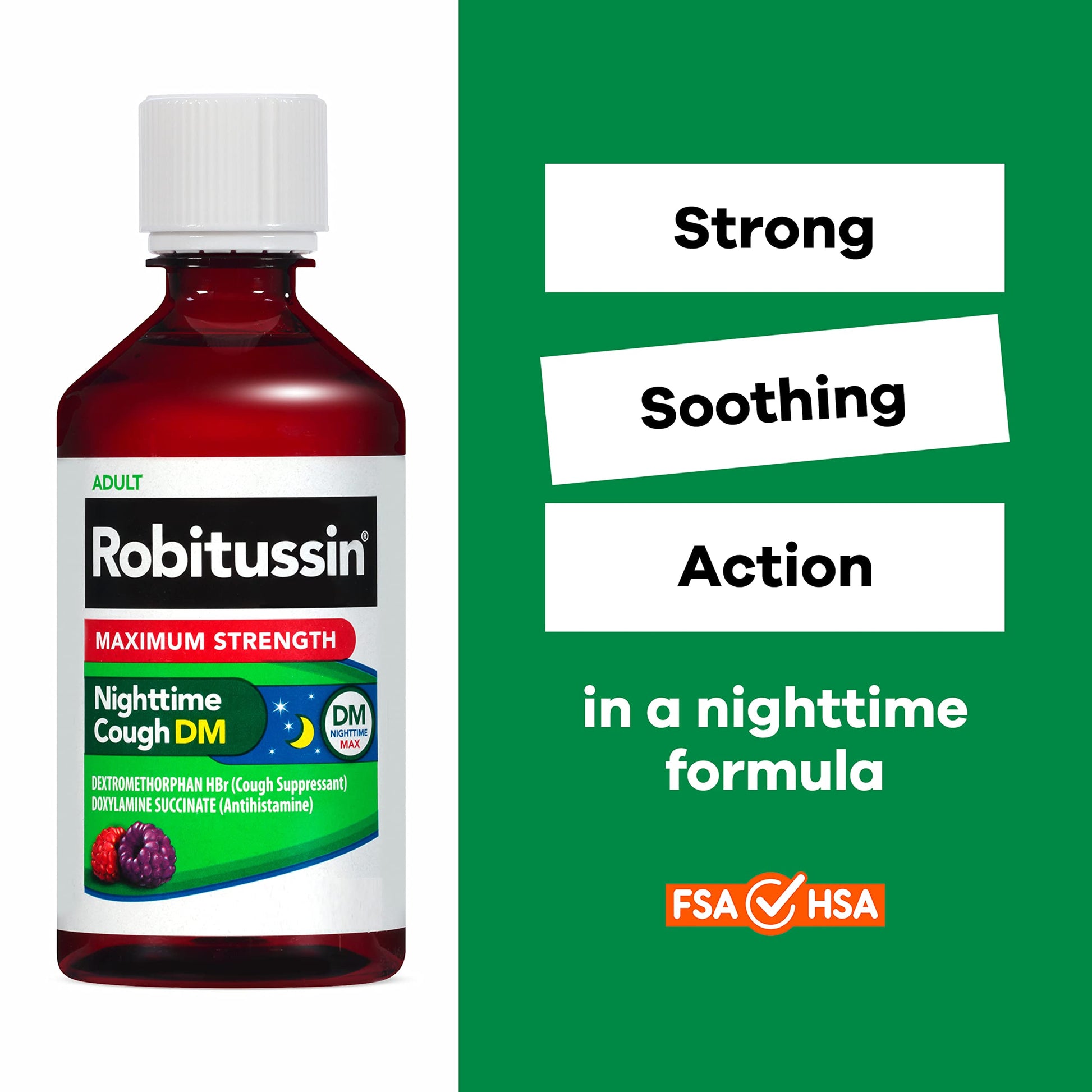 Robitussin maximum strength nighttime cold and cough relief syrup dosage instructions side panel.